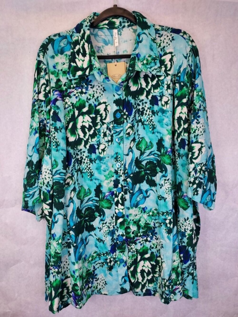 Blue Sky Lorine Blouse Button Up Shirt Women 3X Plus Linen Bamboo Enchant Floral